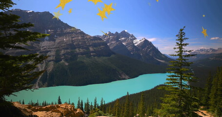 Revealing turquoise lake curving through alpine valley, with outcrop and pine trees framing view