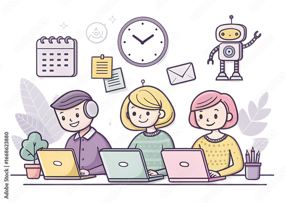 Poster three cartoon people working on laptops with calendar clock robot and other icons floating around th