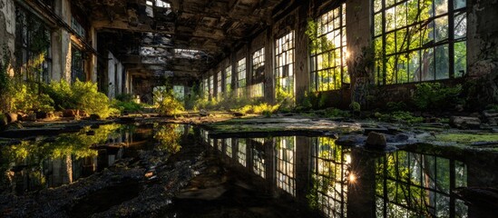 Sun-drenched ruin, overgrown factory hall reflected in a pool