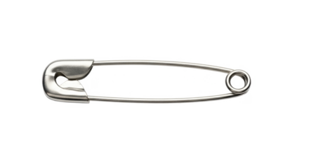 Close-up of a silver safety pin lying horizontally on a white background, showcasing its simple design.