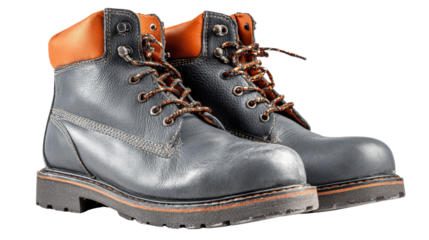 Pair of steel-toe safety boots background isolated on a Transparent background, PNG file.