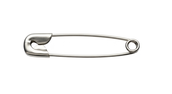 Close-up of a silver safety pin lying horizontally on a white background, showcasing its simple design.