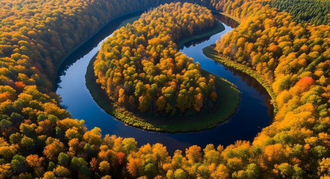 Horseshoe bend river winding through a forest with vibrant autumn foliage from above
