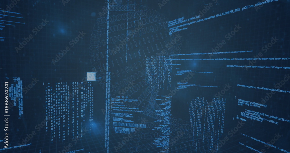 Aufkleber floating code panels, binary flow, grids and clear blocks drifting in cyberspace with glowing nodes