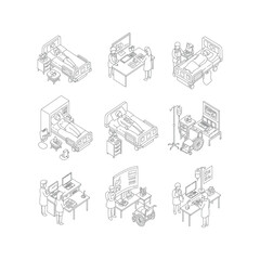 Fototapeta premium Isometric Illustration Hospital Patients Doctors Nurses Medical Equipment and Healthcare