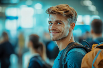 Fototapeta premium Young man smiles while waiting at a bustling airport terminal filled with travelers and bright, modern architecture