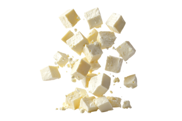 white cheese cubes falling isolated on transparent background