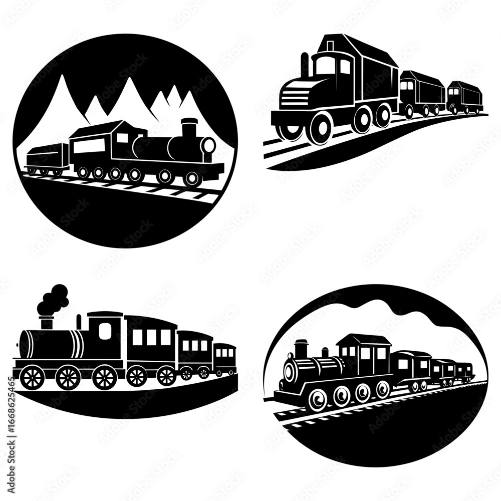 Poster four black and white images showing different styles of trains on tracks in various compositions