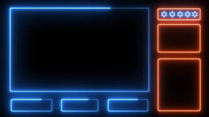 Looping neon sign intermission overlay animation, futuristic hud frame with facecam and chat border for streaming