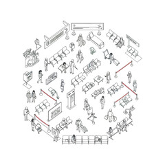 Isometric illustration of airport terminal passengers luggage carts seating areas and information displays