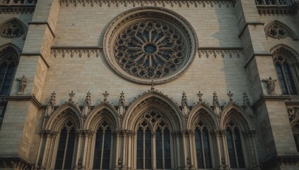 Obraz premium A detailed exterior view of a historic stone cathedral facade, showcasing intricate gothic architecture and a large round window.