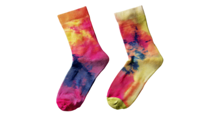 Pair of tie-dye socks in vibrant colors laid flat isolated on a Transparent background, PNG file.