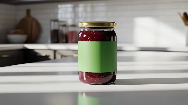 Dynamic Shot of a Sunlit Jam Jar with a Blank Green Label for Product Mockups