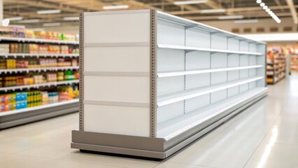 An empty showcase in a supermarket against the background of blurred shelves with goods. The image is suitable for demonstrating a brand and advertising ideas.