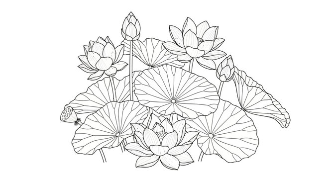 Elegant Water Lilies and Pads Line Art, Aquatic Floral Design on Isolated White Background