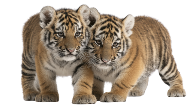Pair of tiger cubs playing together background isolated on a Transparent background, PNG file.