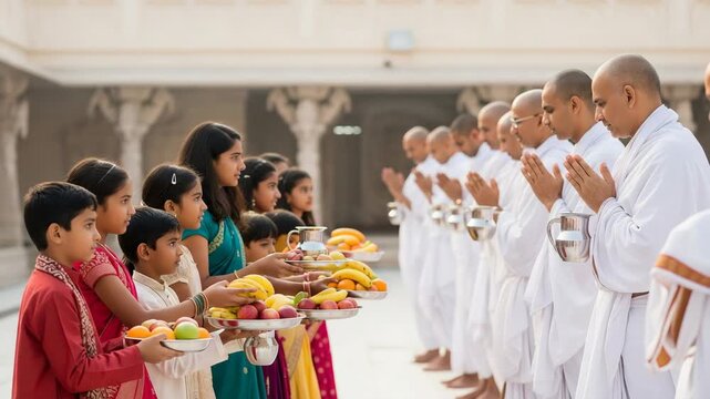 Samvatsari Celebration Children Offering Fruits to Jain Monks in a Temple
