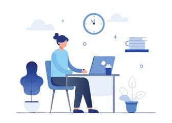 Woman working on laptop at desk with coffee and plant illustration