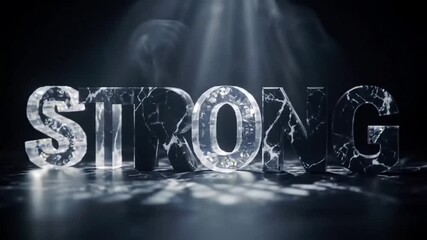 Strong" 3D letters sparkle on a dark stage, with a smoky spotlight illuminating them - Powered by Adobe