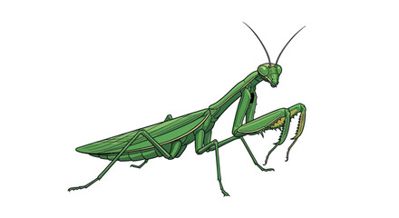 Detailed Green Praying Mantis Illustration on White Background.