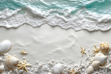Fototapeta premium Seashells and starfish are arranged on fine sand, as calm ocean waves gently touch the beach during a sunny day