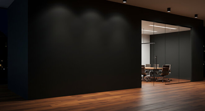 A large blank black wall in a modern corporate office interior, ready for a mockup. Perfect for displaying a company logo, text, or branding.

