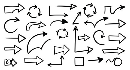 A collection of various black arrows on a white background silhouette