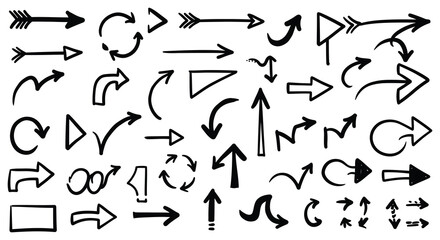 A collection of various black arrows and direction symbols on a white background silhouette
