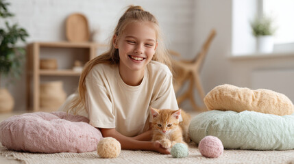 cheerful girl plays on soft floor with playful kitten both surrounded by ultrabright natural light