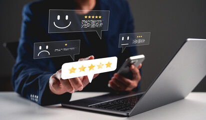 A person interacting with a smartphone and laptop, showcasing online reviews and ratings through digital speech bubbles.