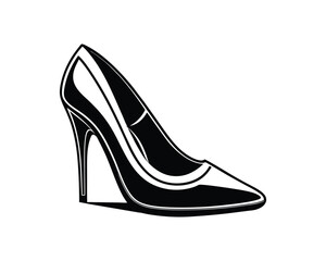 Elegant black high heel shoe with a pointed toe and stiletto heel isolated on a white background in a classic style