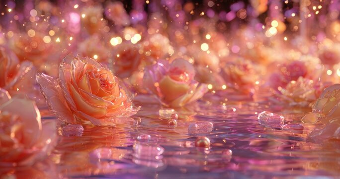 Delicate, glowing roses in a magical, watery setting