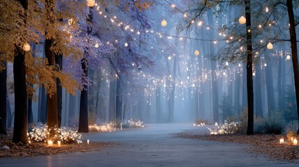 Enchanted Forest Path Lit by Glowing Pumpkins