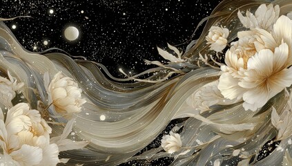 Nighttime floral design with flowing textures