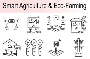 A collection of line art icons illustrating various smart agriculture and eco-farming technologies, including drones, AI, and automated systems.