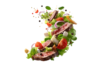 Delicious steak salad ingredients flying isolated on transparent background
