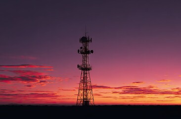 Telecommunications Tower Stands Silhouetted Against a Vivid Sunset Sky.