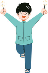 Happy cartoon boy holding two lit sparklers with arms raised, celebrating joyfully.