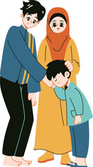 Illustration of a Muslim family consisting of a father, mother wearing a hijab, and son, in a warm and affectionate pose.