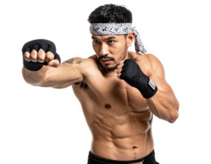 Athletic martial arts fighter in combat stance wearing headband and hand wraps on transparent background