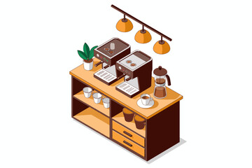 Isometric View of a Coffee Station with Espresso Machines and Accessories Perfect for Cafe or Home Barista Enthusiasts