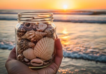 Close-up of a hand holding a glass jar full of seashells, golden sunset over ocean waves in background, Ai Generate.