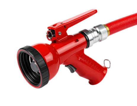 Red fire extinguisher nozzle with hose attachment showing emergency safety equipment and firefighting apparatus detail.