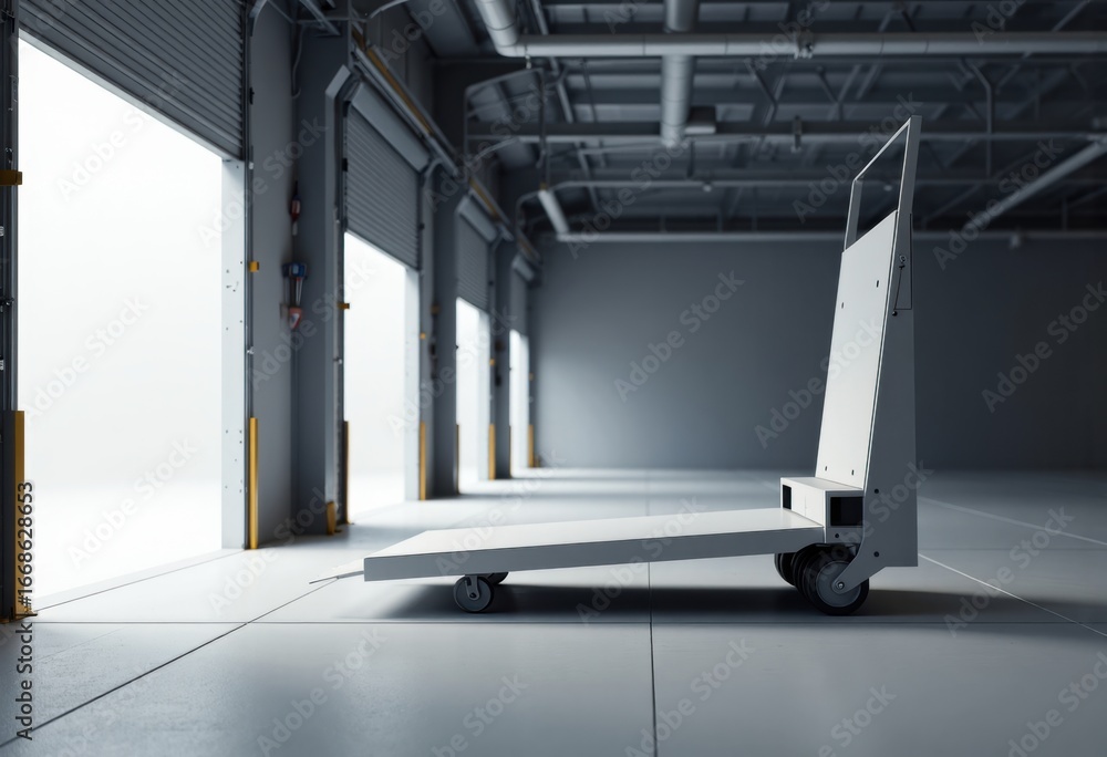 Poster cart rail and dolly stack aligned at a spacious loading bay