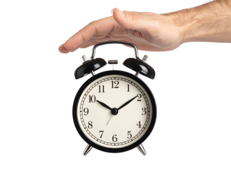 Hand protecting vintage black alarm clock symbolizing time management and security on transparent background