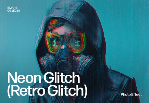 Neon Glitch Photo Effect Template, Retro Cyberpunk RGB Distortion Overlay & Broken Screen Filter