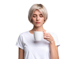 Young blonde woman with closed eyes holding white coffee mug in peaceful morning moment on transparent background