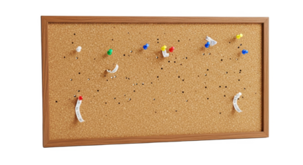 A rectangular corkboard with various colored push pins and paper scraps attached.