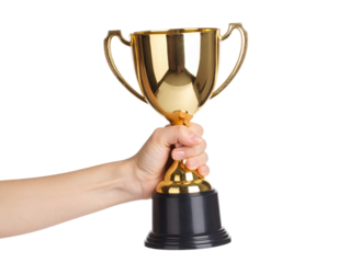 Hand holding golden trophy cup symbolizing victory, achievement, success, and winning accomplishment