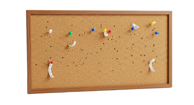 A rectangular corkboard with various colored push pins and paper scraps attached.